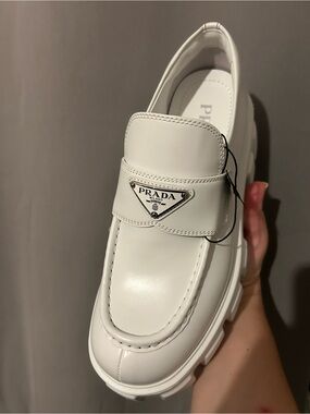 Prada White Leather Lug Sole Loafers